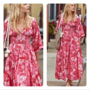 Free People PRINTED DIXIE V NECK 3/4 SLEEVE MAXI DRESS SIZE SMALL